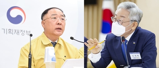 홍남기 경제부총리 겸 기획재정부 장관(왼쪽), 이재명 경기지사(오른쪽)