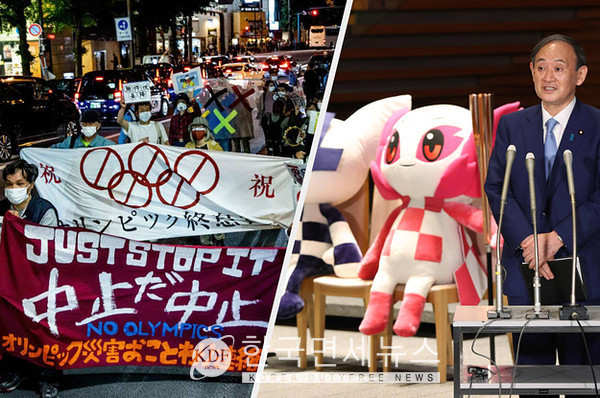 (좌)올림픽 개최를 반대하는 일본 국민 (우)나대로 강행, 스가 요시히데 총리