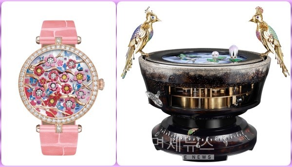 (좌) 레이디 아펠 에르 플로럴 스리지에 워치 (Lady Arpels Heures Florales Cerisier watch)     (우) 퐁텐 오 오와조 오토마통 (Fontaine aux Oiseaux automaton)
