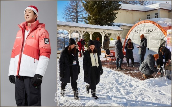 왼쪽, 코오롱스포츠가 2024강원청소년동계올림픽의 대회 운영 인력과 자원봉사자에게 공급한 유니폼을 모델이 입은 모습 / 오른쪽, 2024 세계경제포럼에서 Arctic Basecamp의 과학자들이 안타티카를 입고 행사에 참여하는 모습.